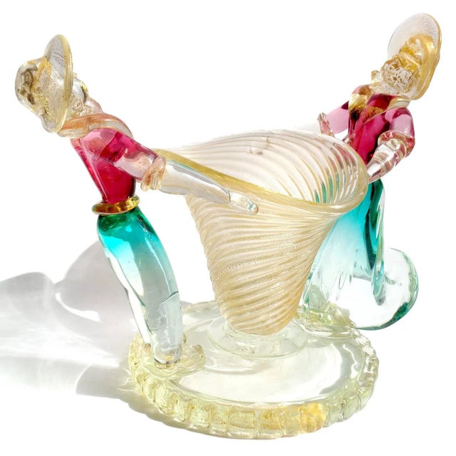 Figurative Vintage Murano Sommerso Gold Leaf Italian Art Glass Female Male Figures Mid-Century Centerpiece Vase For Sale - Image 3 of 7