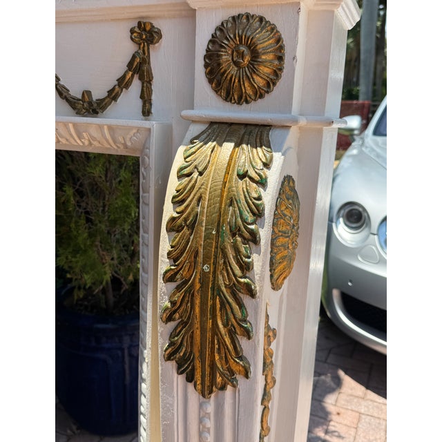 Monumental Hand-Carved Louis XVI Style White & Gilt Architectural Fireplace Mantel, Solid Wood, 83”w For Sale - Image 12 of 16