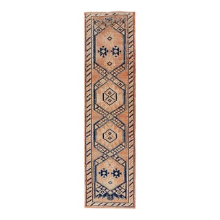 Tribal Medallion Design Vintage Turkish Runner in Orange and Navy Blue For Sale