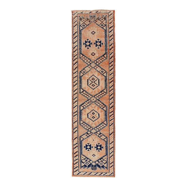 Tribal Medallion Design Vintage Turkish Runner in Orange and Navy Blue For Sale