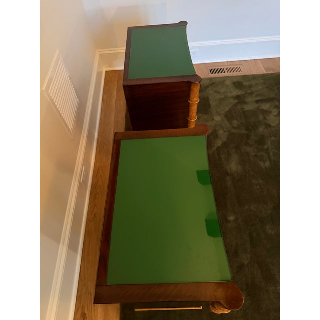 Art Deco 1990s Pair of Sculptural Art Deco Revival Burlwood Nightstands With Green Glass Tops For Sale - Image 3 of 6