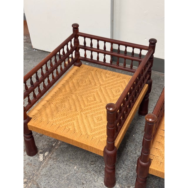 Indian Vintage Rush Seat Low Chairs, Pair For Sale - Image 9 of 12