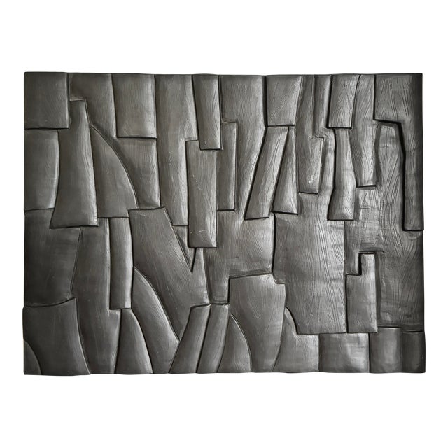 Modern Minimalist Geometric Patterned Wall Panel Wall Art Beltre by Made Goods in Dark Stone Black Ash Gray Reconstituted Stone For Sale