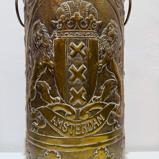 Gold Large Vintage Brass Umbrella Stand with Amsterdam Coat of Arms and Lion Heads, 1960s For Sale - Image 8 of 12