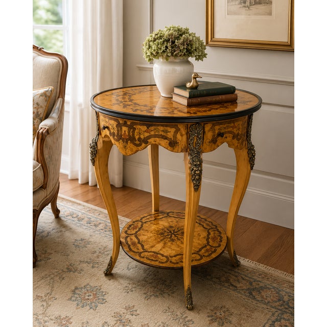 An elegant vintage Italian side table featuring exquisite marquetry inlay work and a refined two-tier form. The circular...