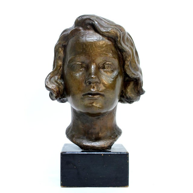 J.G., Bust of Girl, 1940s, Bronze and Wood For Sale - Image 15 of 15