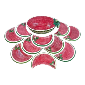 1970's Italian Trompe l'Oeil Watermelon Bowl & Plates - Set of 11