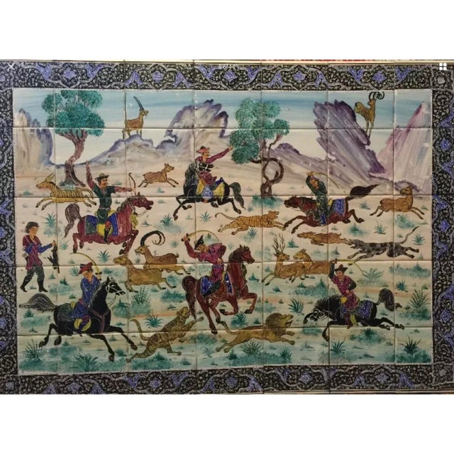 Persian Hand Painted Persian Tile Panel Hunt Scene / Persian Miniature Mosaic Art For Sale - Image 3 of 8