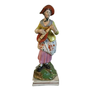 Antique Early 19th Century English George III Staffordshire Pearlware Figure of a Lady Musician Playing a Mandolin 1810