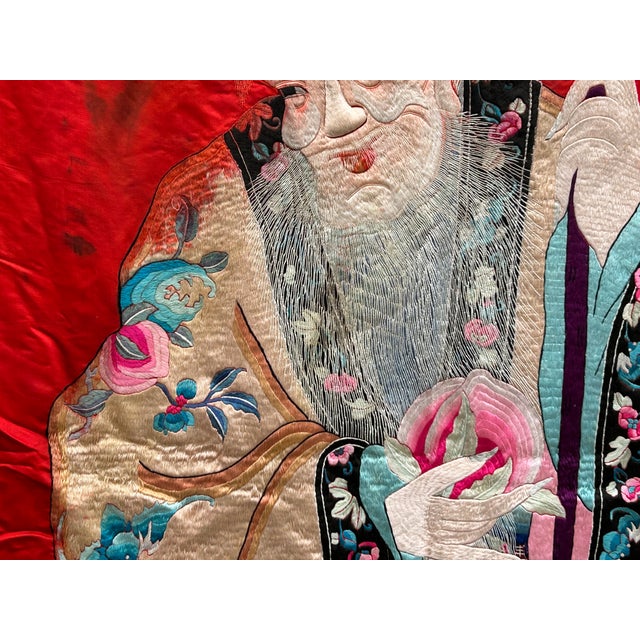 Vintage Chinese Shoulao Longevity Peach Deer Embroidery Fabric Tapestry Art For Sale - Image 11 of 16