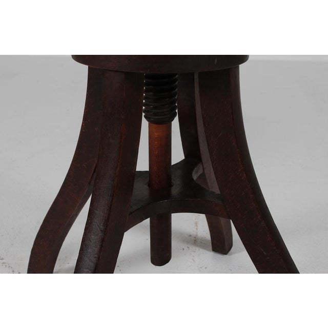 Danish Sculptural 3-Legged Adjustable Artist's Stool or Bar Swivel Chair in Dark Stained Wood with Sheep Skin Seat from Fritz Hansen, 1920s For Sale - Image 3 of 8