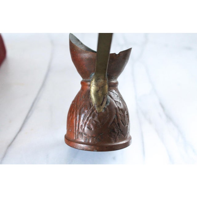 Vintage Turkish Embossed Copper Coffee Pot Ladle W/ Brass Handle For Sale In Milwaukee - Image 6 of 10