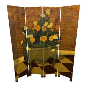 Vintage Hand Painted Four Paneled Room Screen With Gold Background, Floral Planter & Checkered Floor