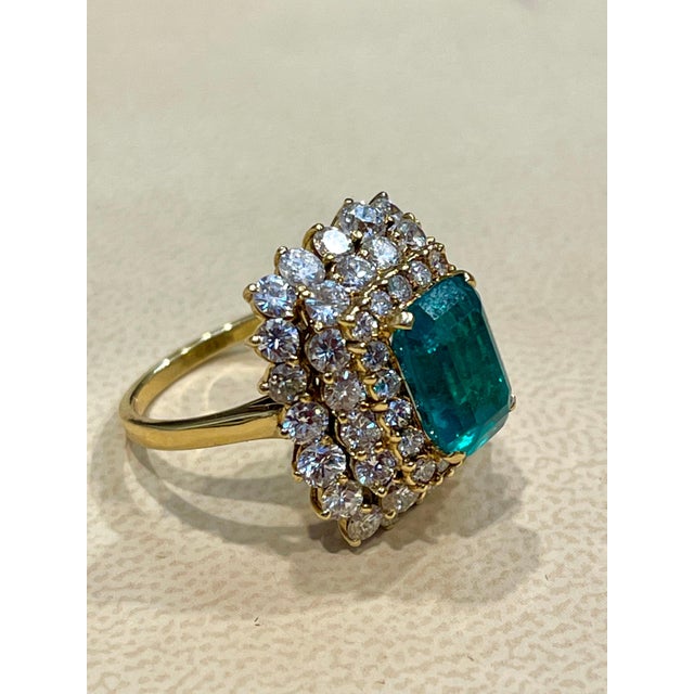 Arts & Crafts GIA Certified 3.41 Carat Cushion Cut Colombian Emerald & Diamond Ring 18K Y Gold For Sale - Image 3 of 18