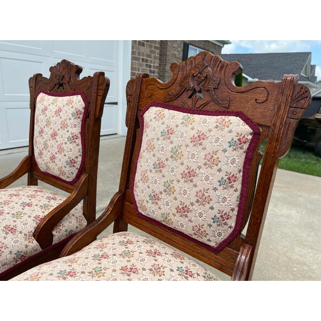 Brown Antique Eastlake Victorian Carved Pierced Walnut Upholstered Side Chairs on Curved Front Legs and Castor Feet- a Pair For Sale - Image 8 of 12