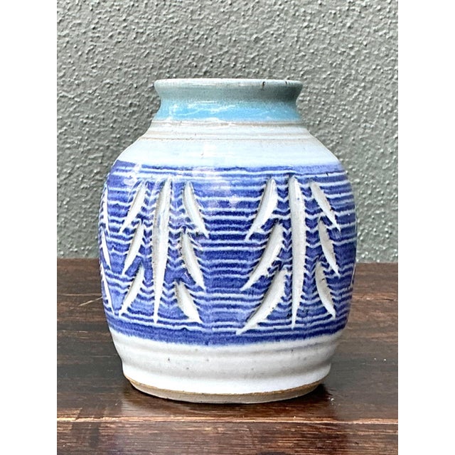 Handcrafted Blue Ceramic Leaf Motif Vase For Sale - Image 4 of 14