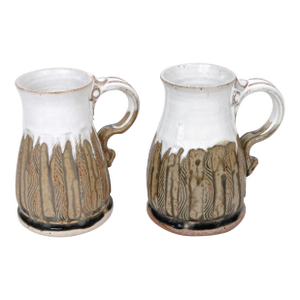 Pair of Handmade Stoneware Mugs — Signed “Rhodes” 2006 — Drip & Carved Glaze, 14 Oz