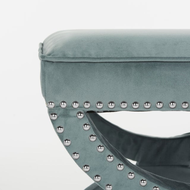 Wood Studded Ottoman in Blue For Sale - Image 7 of 10