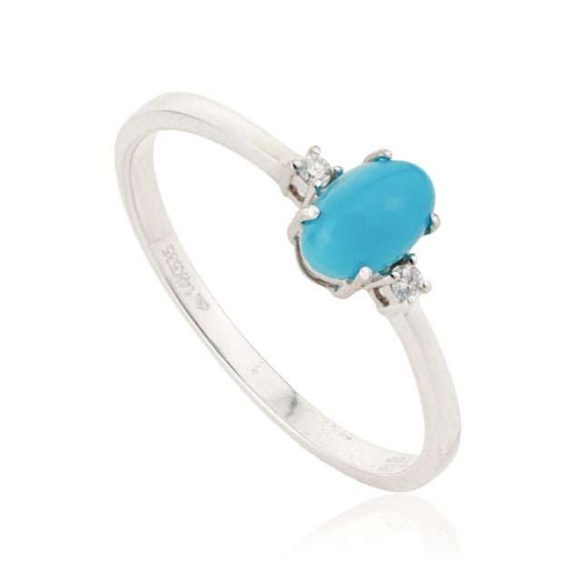 Oval Cut Turquoise & Diamond Solitaire Three Stone Ring in 14k Gold Size 5.5 For Sale - Image 4 of 13