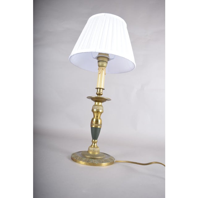 Vintage Brass Candlestick Table Lamp with Pleated White Shade, 1960s For Sale - Image 9 of 14