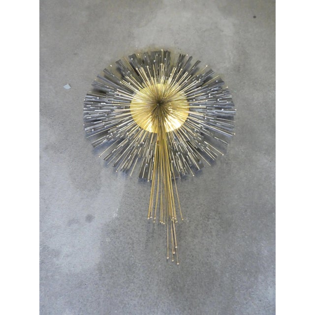 Best Large Biomorphic Steel & Brass Starburst Wall Sculpture sold as found in vintage condition previously owned.