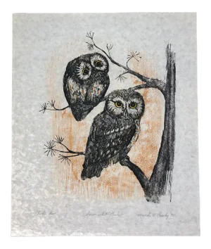 1975 Martha Cawley Woodblock Print, Saw-Whet Owls, #1/100