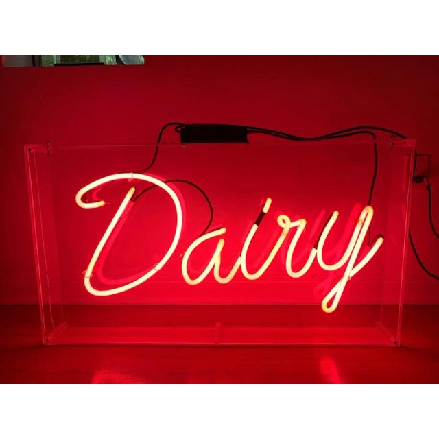 1980s Vintage Pink Neon Dairy Sign in Hanging Lucite Box For Sale - Image 5 of 13