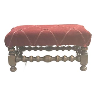 Antique, Diamond-Tufted, Upholstered Footstool, Deep, Ruby-Red in Coloring, White With Carved, Stacked, Ball Feet For Sale