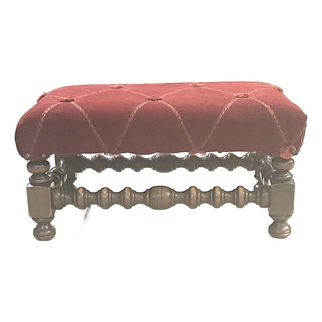 Antique, Diamond-Tufted, Upholstered Footstool, Deep, Ruby-Red in Coloring, White With Carved, Stacked, Ball Feet For Sale