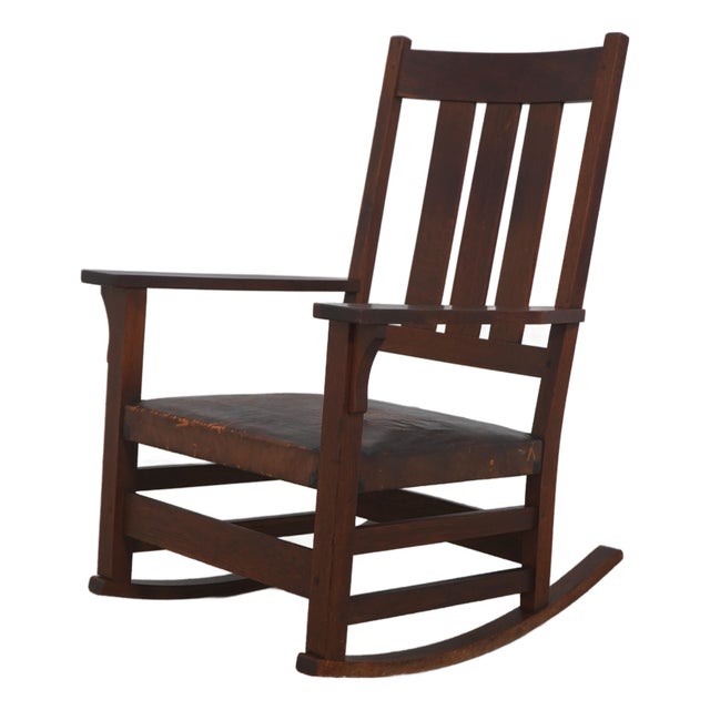 Stickley Antique Mission Style Oak Leather Seat Rocking Chair For Sale