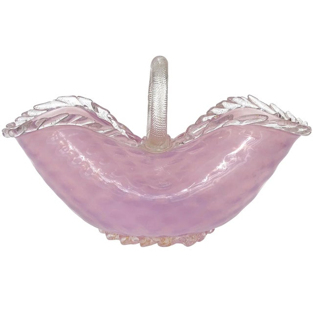 Vintage Murano Large Pink Opalescent Gold Flecks Diamond Quilted Italian Art Glass Basket Flower Vase For Sale - Image 13 of 13