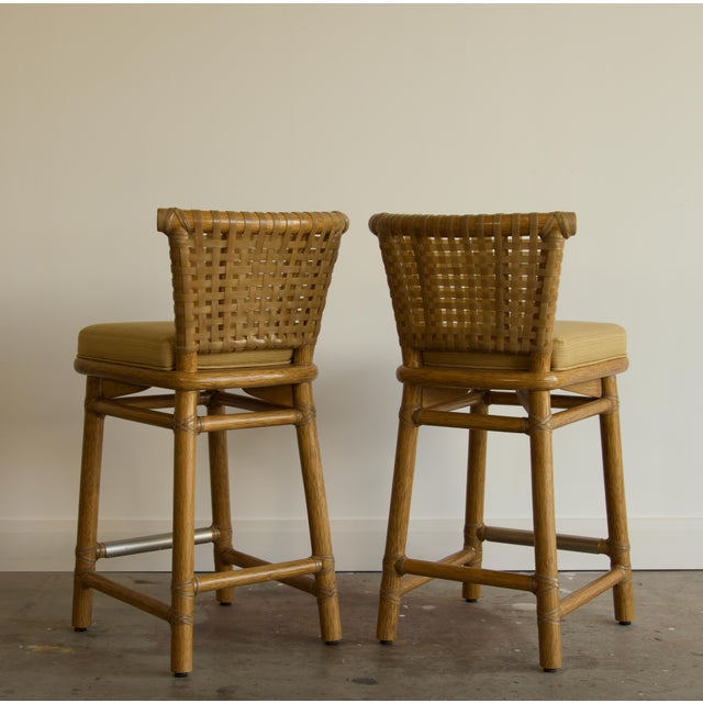 McGuire Pair, McGuire San Francisco Woven Rawhide Counter Stools, Late 20th Century For Sale - Image 4 of 10