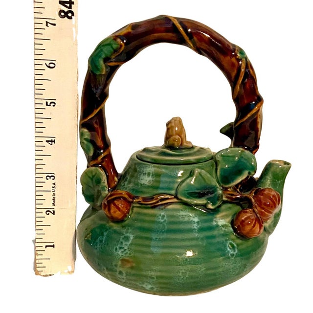 Vintage Majolica Ceramic Teapot Green Glaze With a Frog, Vines, and Hazelnuts. Unique Pottery. Charming. For Sale - Image 4 of 9