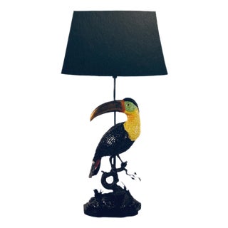 Toucan Lamp in Bronze and Porcelain with Oval Lampshade by Gand & C For Sale