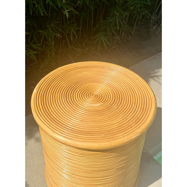 1970s Vintage 1970s Boho-Chic Pencil Reed Rattan Sculptural Drum Side Table For Sale - Image 5 of 10
