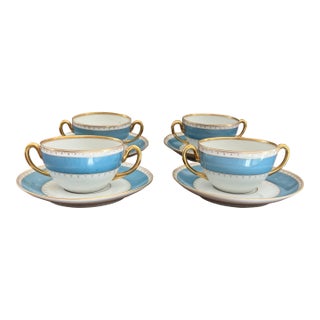Antique T&v (Tressemanes & Vogt) Limoges Double-Handled Bouillon/Cream Soup Cup and Saucer Set France - Set of 4 For Sale