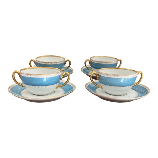 Antique T&v (Tressemanes & Vogt) Limoges Double-Handled Bouillon/Cream Soup Cup and Saucer Set France - Set of 4 For Sale
