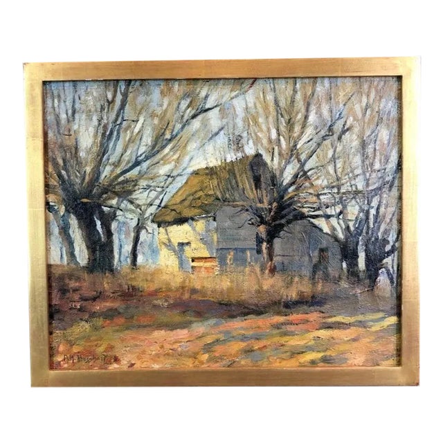Circa 1900 A. A. Bosshart Mid-Atlantic Barn Scene Landscape Painting For Sale