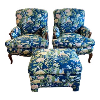 Vintage Quilted Chairs and Ottoman - Set of 3 For Sale