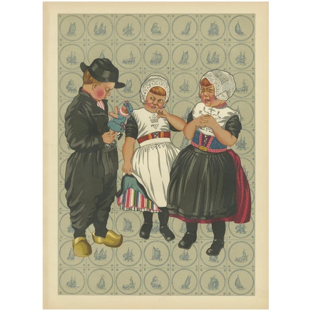 Childrens Traditional Dress from Urk with Embroidered Aprons and Silver Details from The National Costumes of Holland, 1932 For Sale