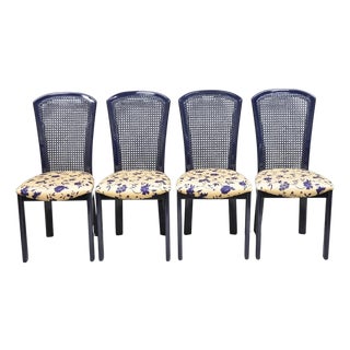 Vintage Italian Hollywood Regency Navy Blue Lacquer Cane Dining Chair - Set of 4 For Sale