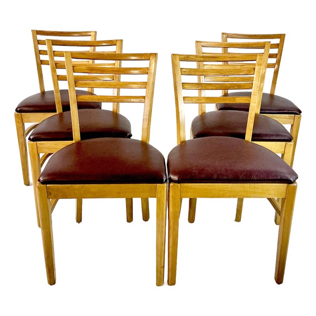 1940s Vintage Art Deco Italian Honey Stained Maple Back Slat Dining Chairs - Set of 6, After Gio Ponti For Sale