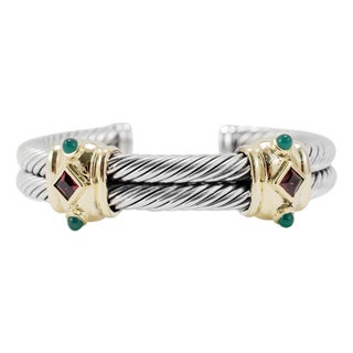 David Yurman Silver 14k Yellow Gold Double Cable Renaissance Cuff Bracelet For Sale