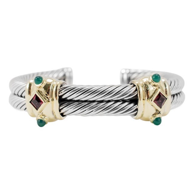 David Yurman Silver 14k Yellow Gold Double Cable Renaissance Cuff Bracelet For Sale