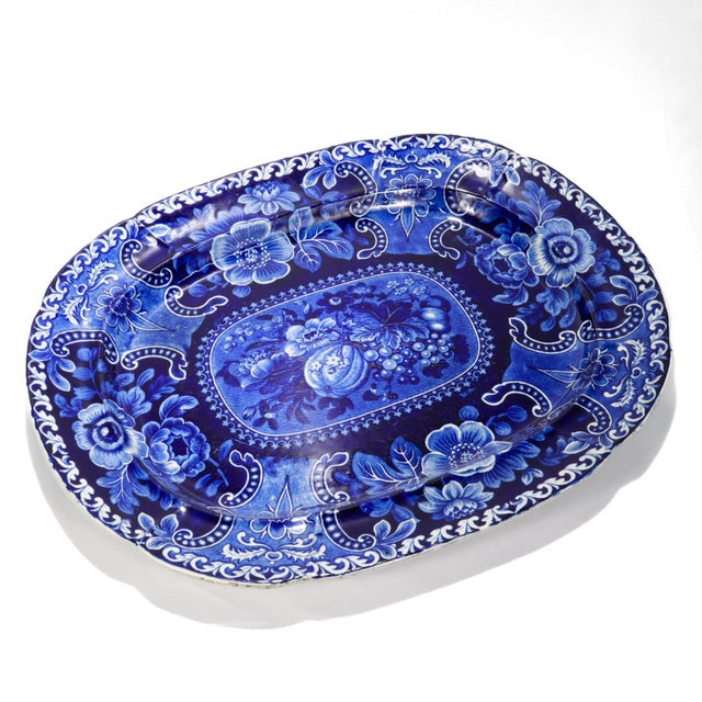 A very large, antique blue transfer Staffordshire serving tray. By Stubbs & Kent. In the 'Fruits & Flowers' pattern....