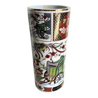 Vintage Chinese Cylindrical Porcelain Hand Painted Vase For Sale