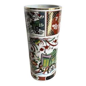 Vintage Chinese Cylindrical Porcelain Hand Painted Vase