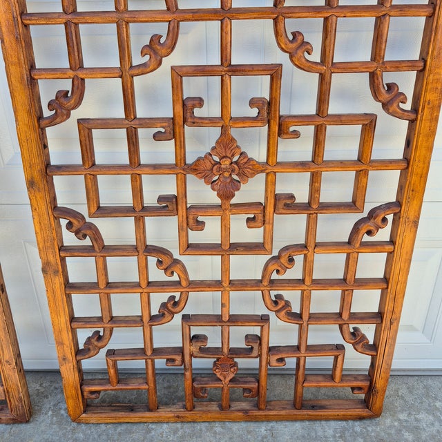 Brown Antique Chinese Open Fretwork Lattice Large Window Screens Decorative Wall Panels, a Pair For Sale - Image 8 of 15