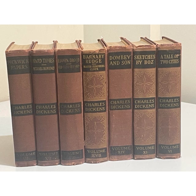 American Antique Charles Dickens Books - Set of 13 - Burgundy Gold Black Decorative Books For Sale - Image 3 of 10