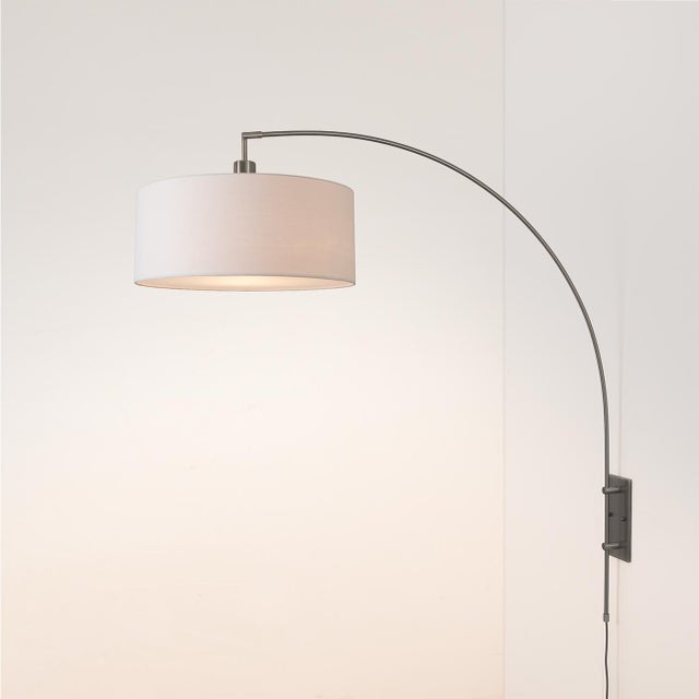 Mid-Century Modern Span Wall Mounted Arc Lamp, Modern Black Nickel Steel, White Fabric Drum Shade, Dimmable, Foot Dimmer For Sale - Image 3 of 5